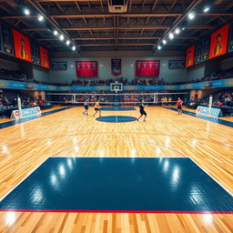 A unique sports arena that combines elements of a basketball court and a volleyball court, featuring a vibrant hardwood basketball floor with painted three-point lines and a center circle