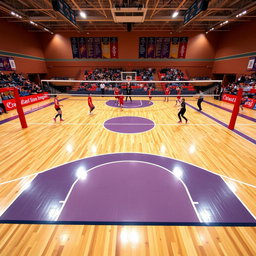 A unique sports arena that combines elements of a basketball court and a volleyball court, featuring a vibrant hardwood basketball floor with painted three-point lines and a center circle