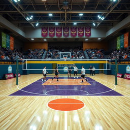 A unique sports arena that combines elements of a basketball court and a volleyball court, featuring a vibrant hardwood basketball floor with painted three-point lines and a center circle