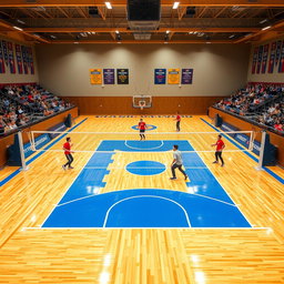 A unique sports arena that combines elements of a basketball court and a volleyball court, featuring a vibrant hardwood basketball floor with painted three-point lines and a center circle