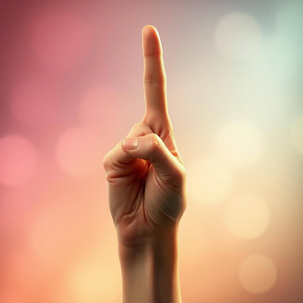 A hand in a gesture symbolizing peace and greeting, raised with the index finger pointing upwards