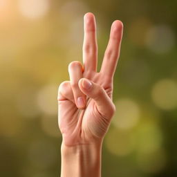 A hand in a gesture symbolizing peace and greeting, raised with the index finger pointing upwards