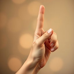 A hand in a gesture symbolizing peace and greeting, raised with the index finger pointing upwards