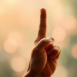 A hand in a gesture symbolizing peace and greeting, raised with the index finger pointing upwards