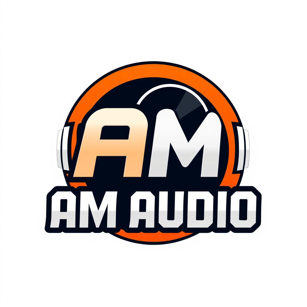 A logo design for 'AM AUDIO' featuring a vibrant color scheme of orange, white, and black