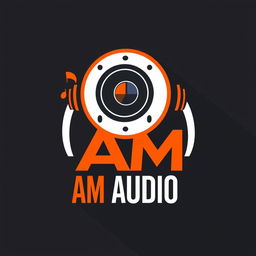 A logo design for 'AM AUDIO' featuring a vibrant color scheme of orange, white, and black