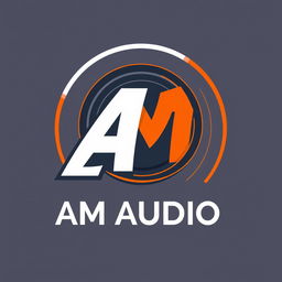 A logo design for 'AM AUDIO' featuring a vibrant color scheme of orange, white, and black