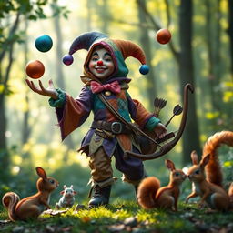 A whimsical human jester ranger, dressed in colorful patchwork clothing with a hood, juggling colorful orbs while holding a bow slung across their back
