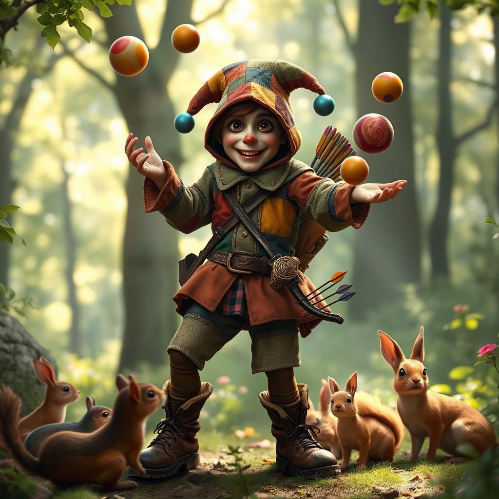 A whimsical human jester ranger, dressed in colorful patchwork clothing with a hood, juggling colorful orbs while holding a bow slung across their back