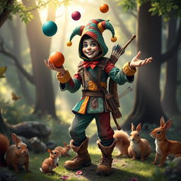 A whimsical human jester ranger, dressed in colorful patchwork clothing with a hood, juggling colorful orbs while holding a bow slung across their back