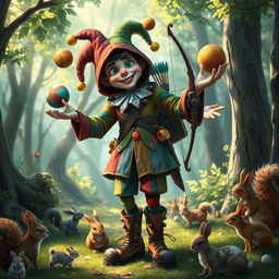 A whimsical human jester ranger, dressed in colorful patchwork clothing with a hood, juggling colorful orbs while holding a bow slung across their back