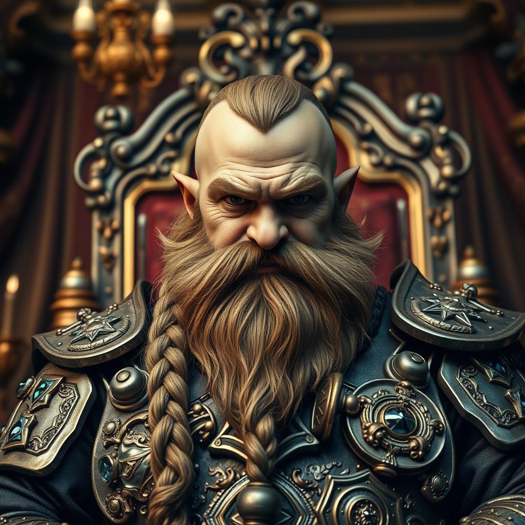 A rich dwarf lord gazing directly into the camera, exuding an air of authority and wealth