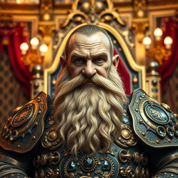 A rich dwarf lord gazing directly into the camera, exuding an air of authority and wealth