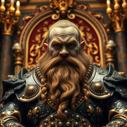 A rich dwarf lord gazing directly into the camera, exuding an air of authority and wealth