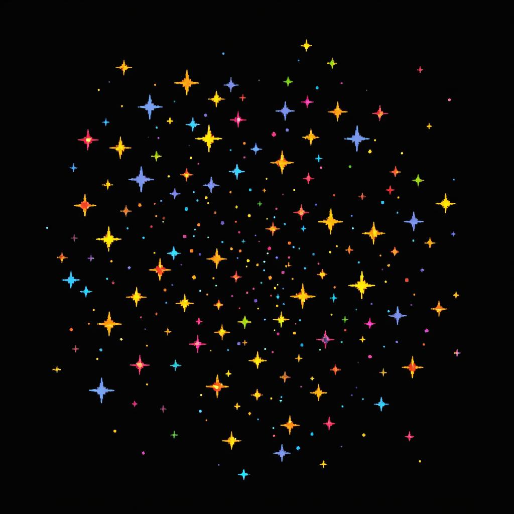 A pixel art representation of a starry sky with a solid black background, created in 32-bit style
