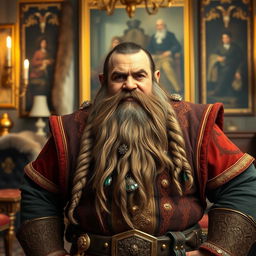 A rich dwarf landlord looking directly into the camera with a confident and commanding presence