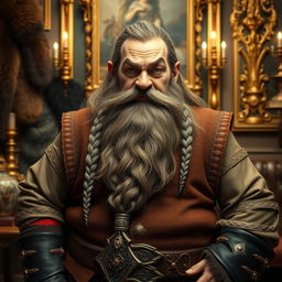 A rich dwarf landlord looking directly into the camera with a confident and commanding presence