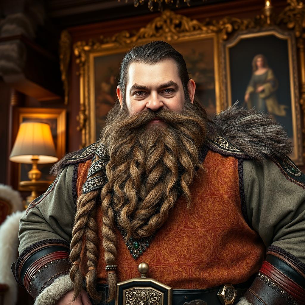 A rich dwarf landlord looking directly into the camera with a confident and commanding presence