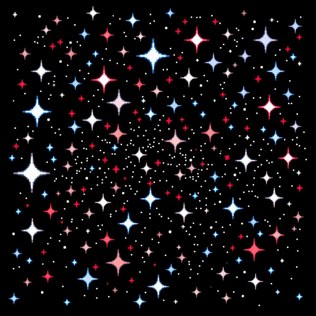 A pixel art representation of a starry sky with a solid black background, created in 32-bit style