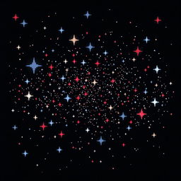 A pixel art representation of a starry sky with a solid black background, created in 32-bit style