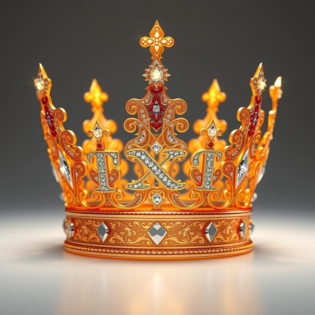 A majestic, intricately designed crown that features an elegant shape, embellished with sparkling gemstones and intricate filigree