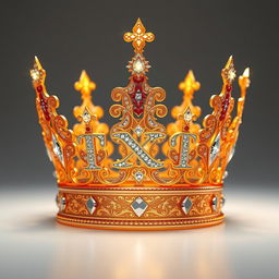 A majestic, intricately designed crown that features an elegant shape, embellished with sparkling gemstones and intricate filigree