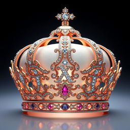 A majestic, intricately designed crown that features an elegant shape, embellished with sparkling gemstones and intricate filigree