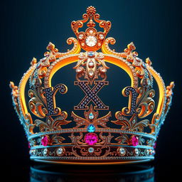 A majestic, intricately designed crown that features an elegant shape, embellished with sparkling gemstones and intricate filigree