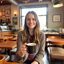 A person enjoying a cup of coffee in a cozy cafe setting, holding a mug in their right hand