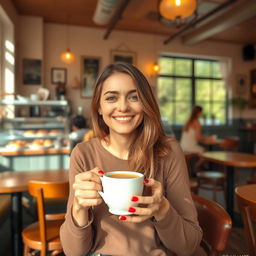A person enjoying a cup of coffee in a cozy cafe setting, holding a mug in their right hand