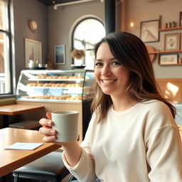 A person enjoying a cup of coffee in a cozy cafe setting, holding a mug in their right hand