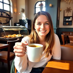 A person enjoying a cup of coffee in a cozy cafe setting, holding a mug in their right hand