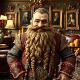 A rich dwarf landlord looking directly into the camera with a warm and inviting smile
