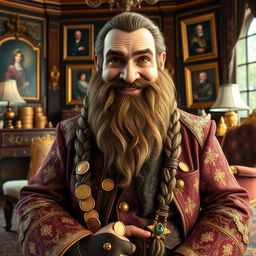A rich dwarf landlord looking directly into the camera with a warm and inviting smile