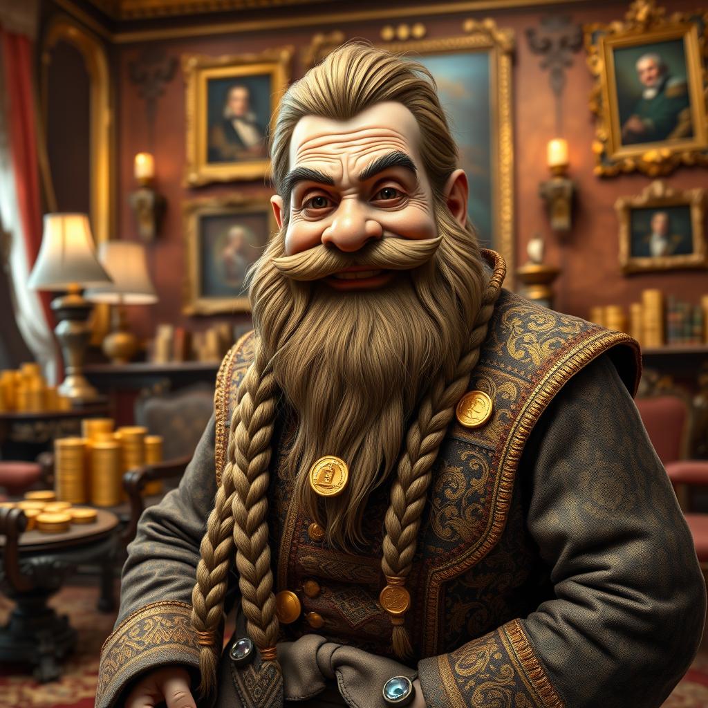 A rich dwarf landlord looking directly into the camera with a warm and inviting smile