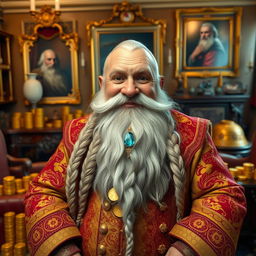 A rich dwarf landlord looking directly into the camera with a warm and inviting smile