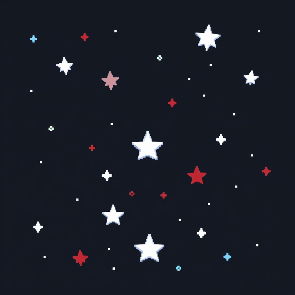 A pixel art representation of a starry sky with a solid black background, created in 32-bit style