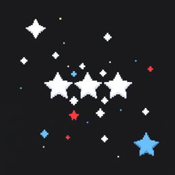 A pixel art representation of a starry sky with a solid black background, created in 32-bit style