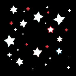 A pixel art representation of a starry sky with a solid black background, created in 32-bit style