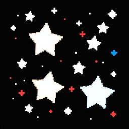 A pixel art representation of a starry sky with a solid black background, created in 32-bit style