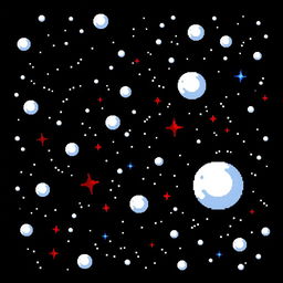 A pixel art depiction of a starry sky with a solid black background, crafted in 32-bit style