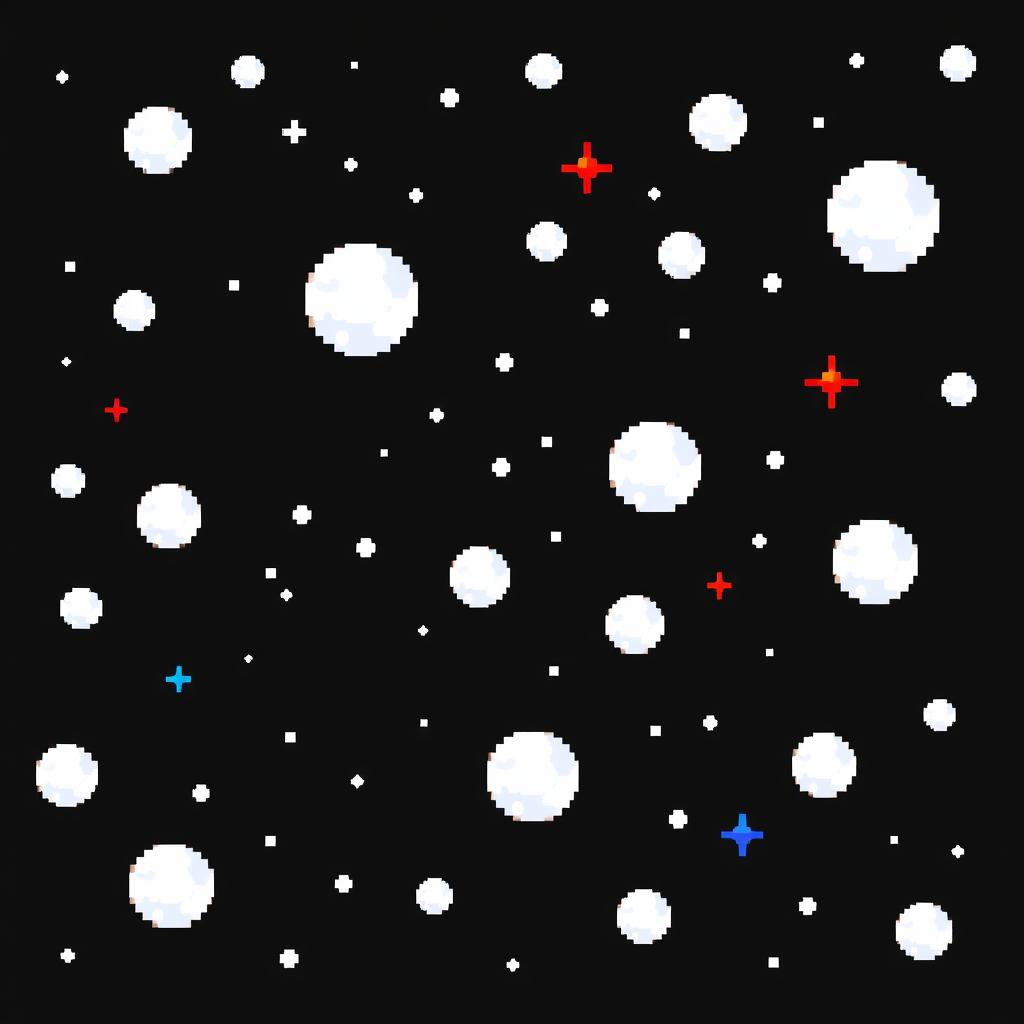 A pixel art depiction of a starry sky with a solid black background, crafted in 32-bit style