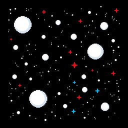 A pixel art depiction of a starry sky with a solid black background, crafted in 32-bit style