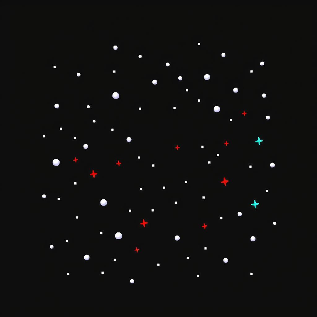 A pixel art illustration of a starry sky set against a solid black background, crafted in 32-bit style