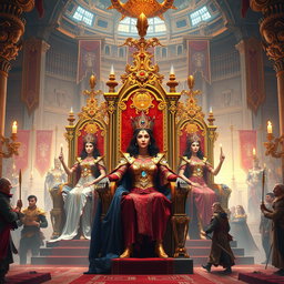 A vivid and powerful fantasy scene depicting a futuristic government where women reign as queens in opulent thrones, dressed in majestic regal attire adorned with jewels, showcasing their strength and authority