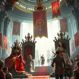 A vivid and powerful fantasy scene depicting a futuristic government where women reign as queens in opulent thrones, dressed in majestic regal attire adorned with jewels, showcasing their strength and authority