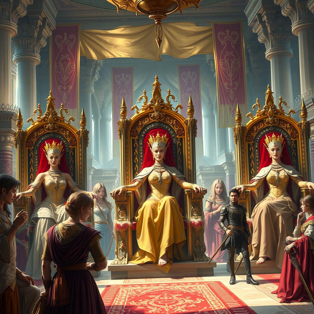 A vivid and powerful fantasy scene depicting a futuristic government where women reign as queens in opulent thrones, dressed in majestic regal attire adorned with jewels, showcasing their strength and authority