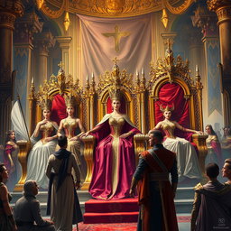 A vivid and powerful fantasy scene depicting a futuristic government where women reign as queens in opulent thrones, dressed in majestic regal attire adorned with jewels, showcasing their strength and authority