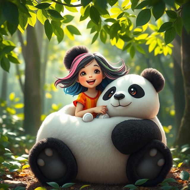 A whimsical scene featuring a girl with playful exuberance, wearing a colorful outfit, sitting inside a large, plush baby panda