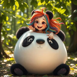 A whimsical scene featuring a girl with playful exuberance, wearing a colorful outfit, sitting inside a large, plush baby panda